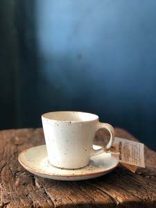 Drinkware: Tea /coffee Cup With Handle and Saucer, White, Speckled, Rough, Handmade