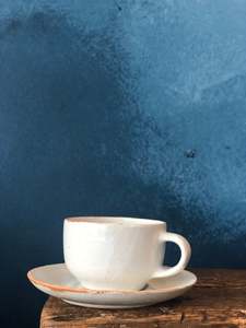 Drinkware: Round Coffee / Tea Cup with saucer, White, Smooth, Slightly Speckled, Handmade