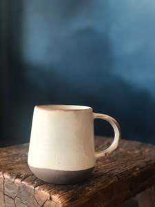 Drinkware: Coffee Mug Antique White, Brown at bottom, Semi-Glazed, Handmade pottery