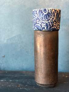 Vase: Tall Rustic, Deep Blue, Pattern, Handmade