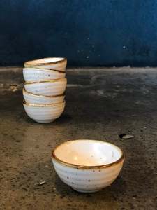 Tiny White Bowl/ Ramekin, Smooth, Speckled, Brown Rim, Handmade