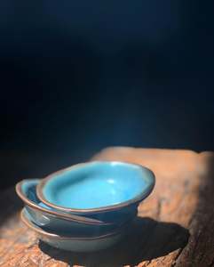 Utensil: Tiny Bowl/Ramekin: Uneven Shape, Glossy Blue, Darker Rim, Handmade