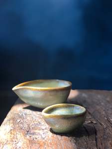 Tiny Cream/Milk Bowl: Shinny Emerald Green, Cracked Pattern, Dark Green Rim, Handmade