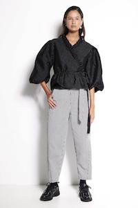 Sale: Dynasty Belted Pant - Black stripe belted denim trouser