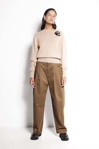 Sale: Swallow Cashmere Crew – Beige long sleeve crew neck jumper with black embroidery detail