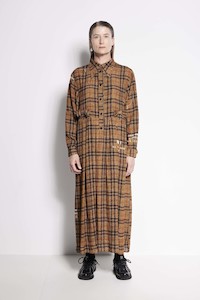 La Rosa Dress - Full length long sleeve collared dress in brown check