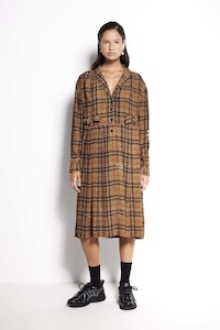 La Luna Tee Dress - Mid length long sleeve dress in brown check