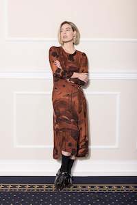 Scifi Prints Redwood Chocolate: SERANADE SATURN DRESS REDWOOD PRINT SILK