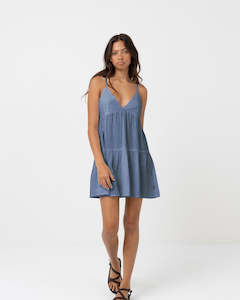 CLASSIC TIERED MINI DRESS - STEEL BLUE