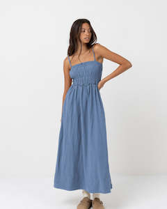 CLASSIC SHIRRED MIDI DRESS - STEEL BLUE