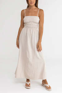 Classic Shirred Midi Dress-Oat