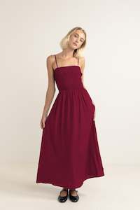CLASSIC SHIRRED MIDI DRESS - SANGRIA