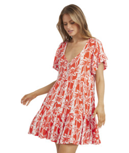 ROW OF PALMS TIERED DRESS-RED ALOHA