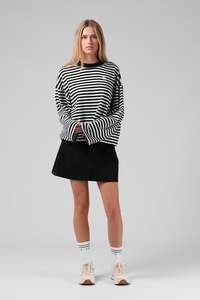 Olive LS Tee - BW Stripe