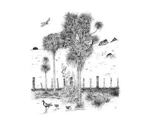 Ilustrations: Cabbage tree illustration, A3 - unframed art print - NZ wide shipping included