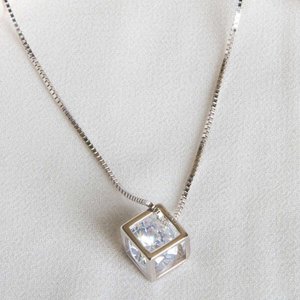 Products: s925 Silver Cubic Zirconia Cube Box Cage Pendant Including s925 Silver Box Chain