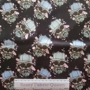 Retail Fabric: Bearded 'n Capped Skulls Black - PUL