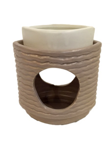 Warmers 1: Tealight warmer rippled beige with white top stands 5" tall