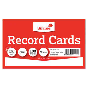 Library Cards System Cards: Silvine Record System Cards Plain 127x76mm 5x3" White Pack 100