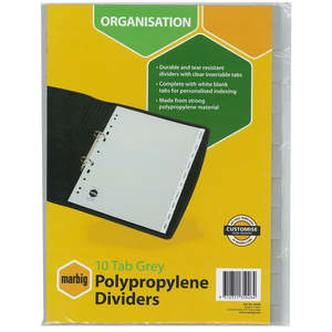 Lever Arch Files: Marbig Indices & Dividers 10 Insert Tab PP A4 Grey