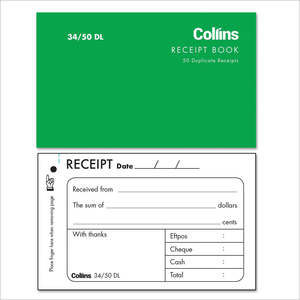 Record Keeping Books Receipt Books: Collins Cash Receipt 34/50DL Carbon Required 50 Duplicate Receipts