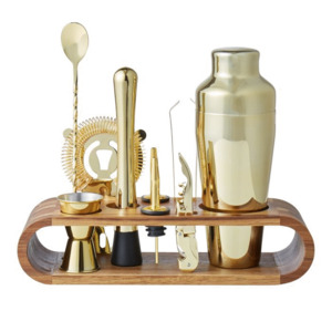 Him: DAVIS & WADDELL BAR SET WITH ACACIA STAND GOLD 29.5X10X7CM/8.5X8.5X22.5CM/500ML