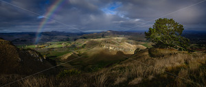 Products: Panoramic view from Te Mata Peak, Hawke's Bay, after rainfall looking towards the ANZAC Pine Tree, with Mount Erin and Mount Kahuranaki in the distance - SCP Stock