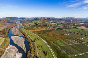 Aerial view looking up the Tukituki River and towards Havelock North, with the t&hellip;