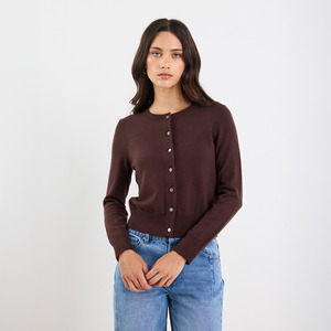 Autograph Cashmere Blend Crewneck Cardigan - Chocolate