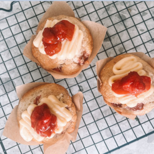 Christmas Morning Afternoon Tea Menu: Rhubarb & strawberry muffins with custard