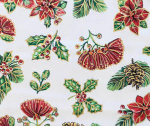 Kiwiana: Kiwi Christmas Flowers  100% Cotton - 10cm Increments
