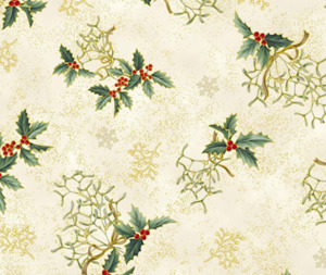 Christmas: Stof Christmas - Holly - Cream/Gold/Green 0.1m