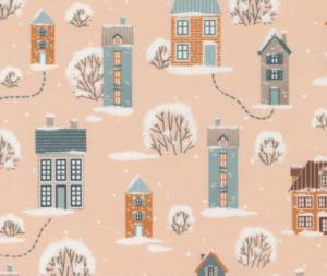 Christmas Fabric: Snowy Town Bubblegum - 0.1m 100% Cotton Fabric