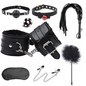 Sex Toy: BDSM Bondage Kit Leather Handcuffs Sets Whip Nipple Clamps Ball Gag Collar for Women/Men/Couples
