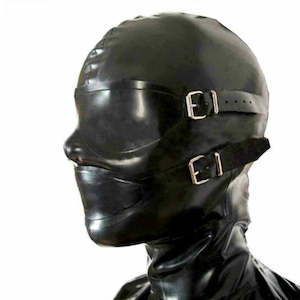 Unisex Bdsm: Sexy Black Latex Mask Rubber Full Enclosure Hood Rubber Hood with Eyeshade Eyes Cover and Mouth Gags with Back Zipper