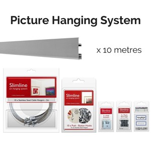 Products: 10m Silver Track, 10 SS Droppers, 10 PB Hooks - Picture Hanging System - Shakespeare Solutions NZ