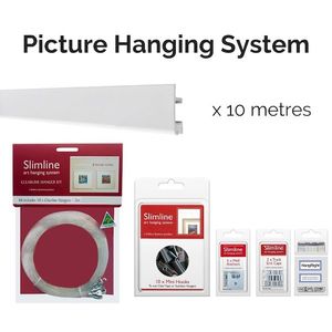 Products: 10m White Track, 10 CL Droppers, 10 Hooks - Picture Hanging System - Shakespeare Solutions NZ