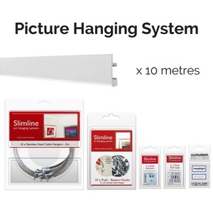 Products: 10m White Track, 10 SS Droppers, 10 PB Hooks - Picture Hanging System - Shakespeare Solutions NZ