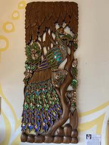 Decorations: Peacock Teak Wooden Carving Natural With Decoration