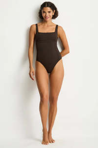 Active Wear: Sea Level De Luxe Square Neck Bralette One Piece Swimsuit Espresso