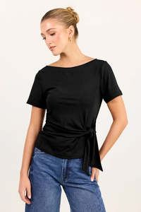 Womens Tops 1: Among The Brave Turn Black Boat Neck Knot Front Short Sleeve Top