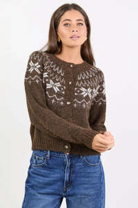 Womens Tops 1: Among The Brave Shetland Chocolate Fairisle Detail Cardigan