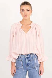 Among The Brave Expedition Blush Self Stripe Shirred Neck Short Sleeve Top