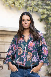 Womens Tops 1: by Rosa Encounter Petrol Scarf Print SS Gathered Button Front Top