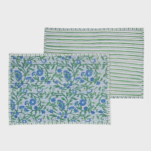 Cotton Block Double Sided Placemat - Green + Blue