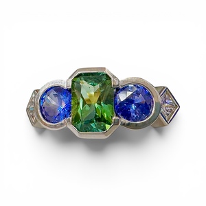 Products: Green Tourmaline, Blue Sapphire & Diamond Ring