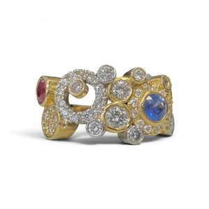 Products: Modern Ruby, Sapphire and Diamond Cluster Ring