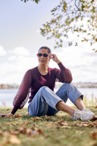 Shine On Label Olivia Contrast Sleeve Knit Top Merlot