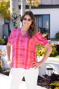 Gloss The Label Stacy Shirred Detail Top Pink Red Check