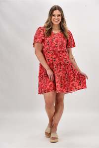 Gloss The Label Nayala Ruffle Tier Dress Coral Red Print
